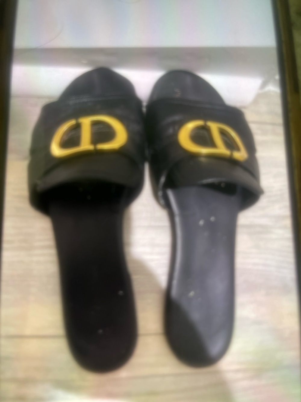 Dior Black Leather Slide Flats with Gold CD Buckle